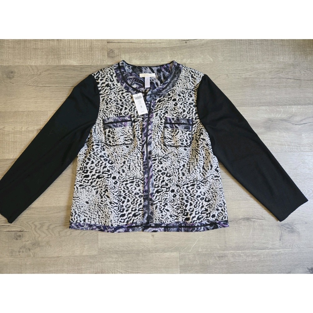 NWT Chico's Mixed Media Open Front Animal Leopard Print Jacket Topper Women Sz 3